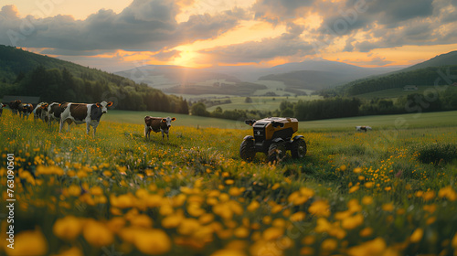 An autonomous farming robot helping farm cow milk outdoors, fresh green pasture mountain landscape and blooming field at sunset, Robot modern agriculture.