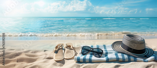 A beach towel with a hat, flip flops and sunglasses in the foreground of a beautiful summer view with sand, sea and sky. Summer and vacation concept, for banner, web or advertisement.