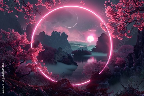 Fantasy landscape, pink neon circle, sacra branches.