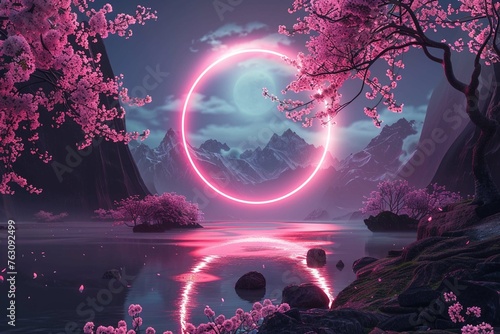 Fantasy landscape, pink neon circle, sacra branches.