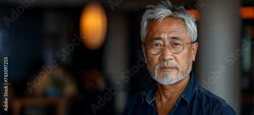 Asian man with a beard and glasses is standing in front of a wall. He is wearing a blue shirt. a 50 years old Singaporean man, grey hair but still some black hair, wearing glasses, middle income