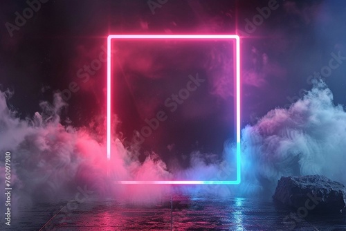 Square rectangle picture frame with two tone neon color motion graphic on isolated black background. Blue and pink light moving for overlay element. 3D illustration rendering. Empty copy space middy