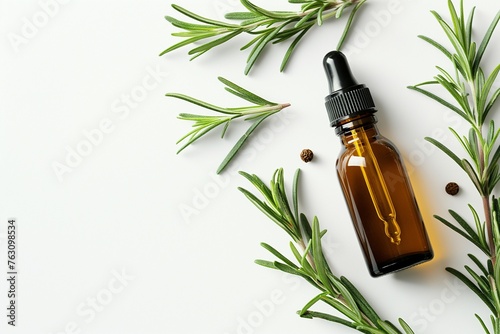 Rosemary oil bottle on wooden background. Essential oil, aromatherapy natural remedies