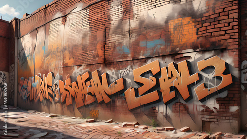 Urban graffiti art on a brick wall under sunlight.