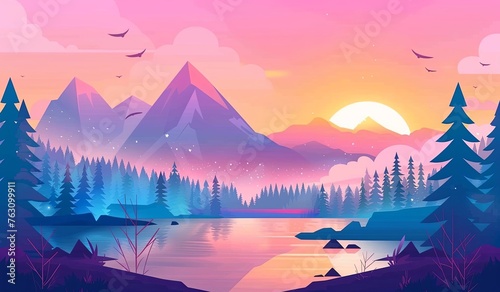 Beautiful landscape with forest, mountains and lake at sunset or sunrise