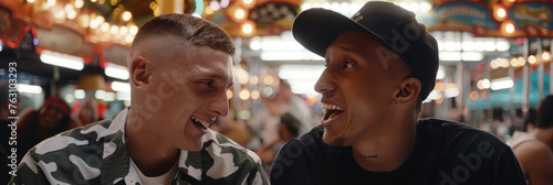 Two young men share a joyful moment, laughing together amidst the vibrant lights of a bustling carnival