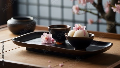 Cherry blossom and sweet rice cake on wooden tray