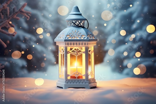 Christmas Lantern in snow with winter forest background. Winter decoration background with christmas lights
