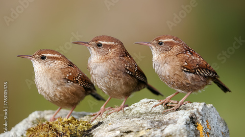 Three wrens perched on rock.