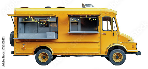 Yellow vintage food truck with menu board, cut out - stock png.