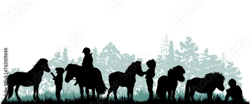 Children and pets silhouettes on white background. Little girls and boys play and feed ponies. Vector illustration. 