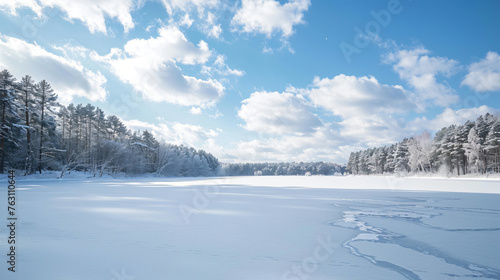 Wide angle view of a snow covered frozen lake 