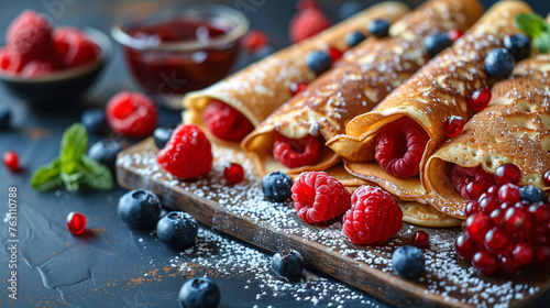 Delicious crepes with fresh berries and jam on a dark background, dusted with powdered sugar.