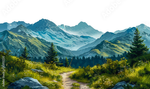 Hiking trail in mountains with coniferous trees on transparent background - stock png.