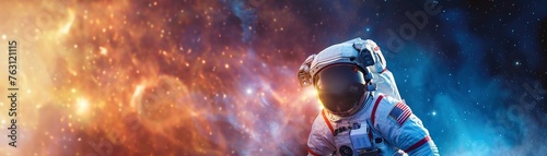 Futuristic Astronaut in Space Suit and Helmet Against Cosmic Background Copy Space