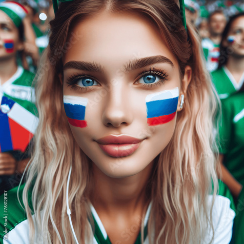 Slovenian Young Female Soccer Fan with Painted National Flag Cheeks at UEFA Euro Championship