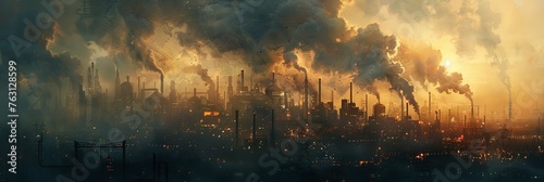 A massive facility produces a heavily polluted industrial landscape. Generative Ai