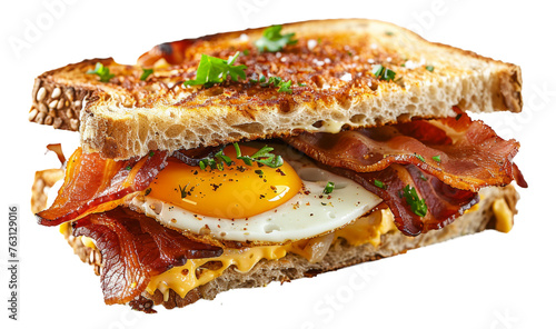 Gourmet open-faced sandwich with egg and bacon, cut out - stock png.