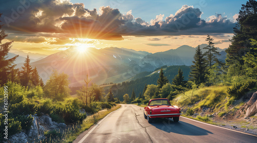A vibrant crimson car speeds down a winding mountain road, embracing the thrill of a summer road trip adventure