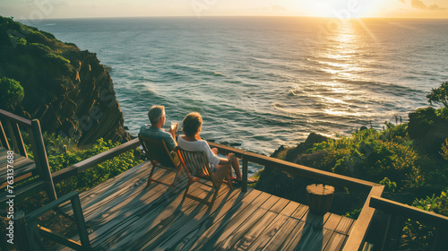 a couple enjoying their wealth ona deck overlooking the ocean