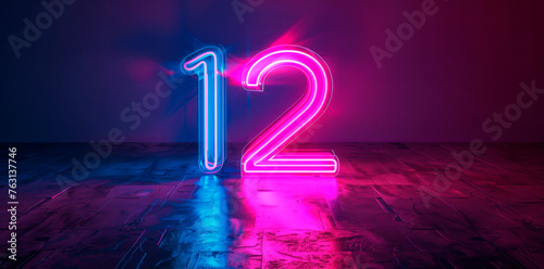 Neon numbers 12 on dark background with pink and blue lights. 