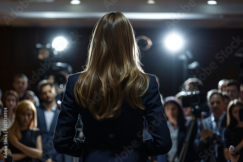 ack view of a woman addressing a crowd of reporters in a dark room