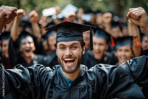 An exuberant male graduate with raised fists, celebrating among fellow graduates