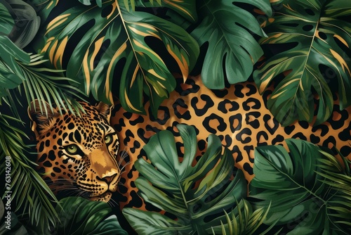 An artistic representation of a leopard roaming through the lush greenery of the jungle in this detailed painting