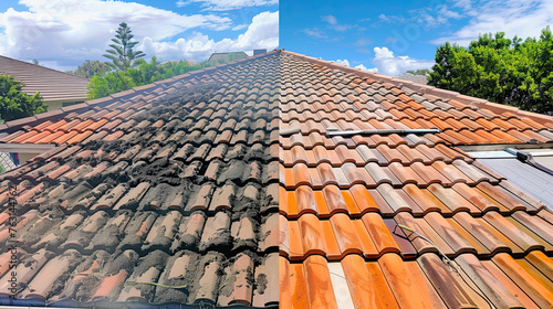 Comparison roof top before and after cleaning, dirty and clean