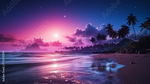 Neon tropical beach abstract background. Serene vacation concept with palm trees and ocean view.