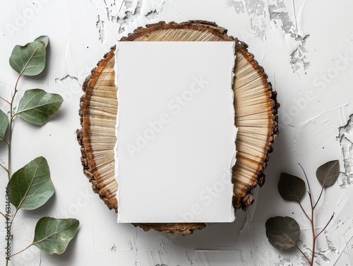 Invitation, branding mock-up. Blank greeting card, leaflet on cut wooden tree trunk in forest. Blurred grass background. Lumber, timber industry and ecology concept. Moddy natural lat lay, top view.
