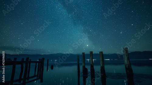 Timelapse Of A Starry Night With Wooden Columns And Firth Water In The Foreground. Panoramic Landscapes photography