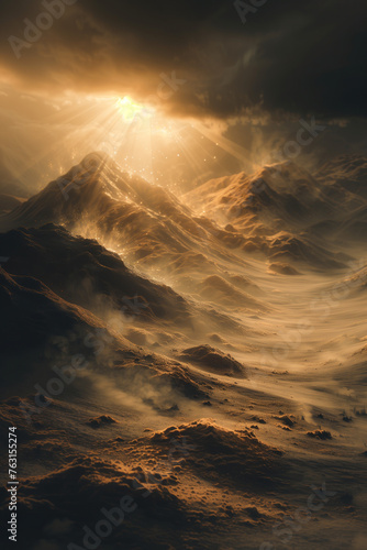 Sunset in the mountains. Surreal landscape. Background image. Created with Generative AI technology.