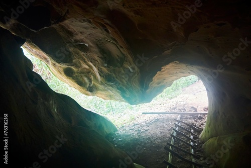 Beautiful natural landscape. Stairs inside the cave