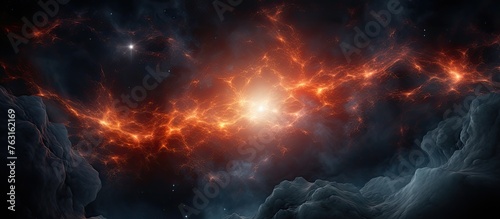 An artists depiction of a distant galaxy with swirling clouds of gas and dust, set against a backdrop of a mysterious sky and celestial objects