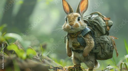 Adventurous Rabbit in Explorer's Gear, setting off on a journey with a fantasy background.