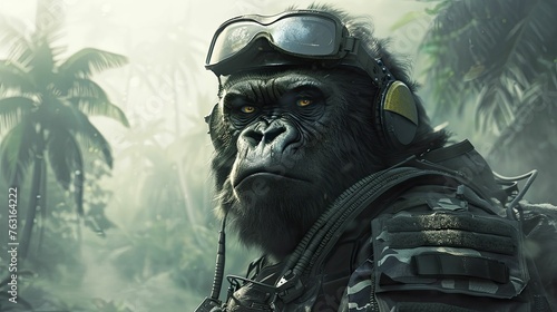 A vigilant Guardian Gorilla clad in Defender's Gear stands watch against a misty rainforest backdrop.