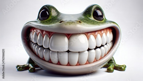 A green frog with a wide toothy smile on its face.