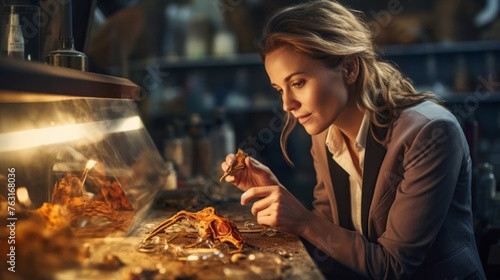 Female paleontologist in lab with preserved insect in amber surrounded by amber specimens