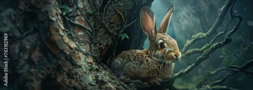 cute hare with the trees and foliage surrounding