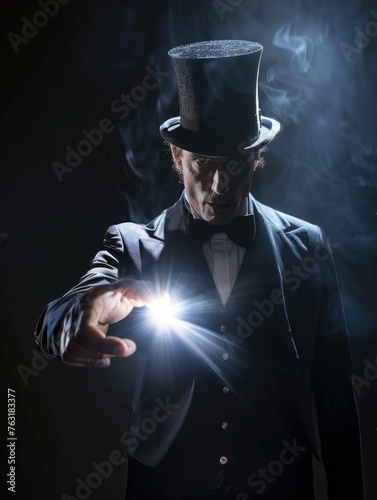 A magician with a top hat holding out his hand with a bright light on the palm, representing a magical or mystical act