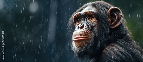 A Common chimpanzee, a terrestrial animal with fur, is sitting in the rain in the darkness of the jungle, looking up at the sky with its snout. Wildlife and science intersect in this moment