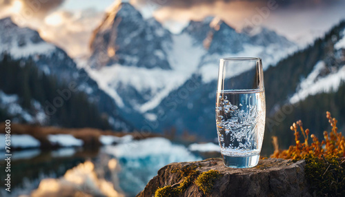 Crystal water glass against snowy mountain backdrop, symbolizing purity and tranquility in nature