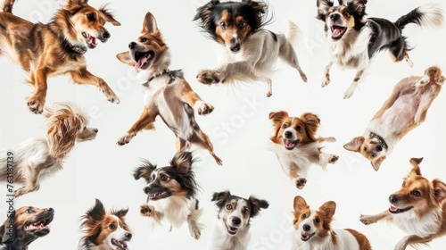 Dogs of different breeds, each of which strikes a unique and funny pose on a white background