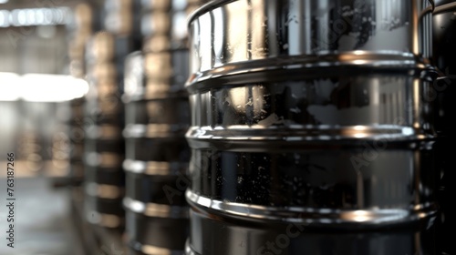 Stack of metal barrels used to store fuel oil, with emphasis on the texture and detail of the barrels