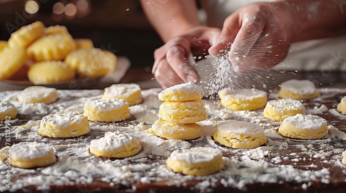 Baker sprinkling powdered sugar on freshly baked cookies on a wooden table.