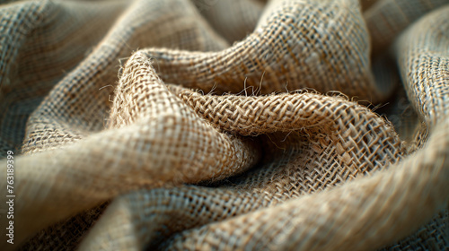 Close-up texture of woven burlap fabric with natural fibers.