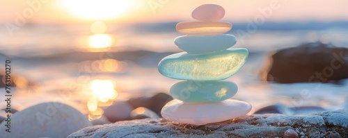 A stack of pastelcolored sea glass stones balanced on top each other, with the sun setting over an ocean in the background.