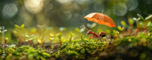 An ant carrying an umbrella, walking on mossy ground, macro photography.