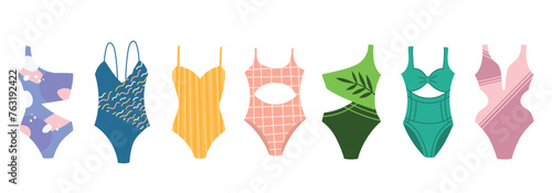Beach swimsuit set. One-piece swimsuits summer vacation clothing fashion. Swimming wear vector set. Stylish set women's swimwear isolated on white background. Fashionable swimsuits.